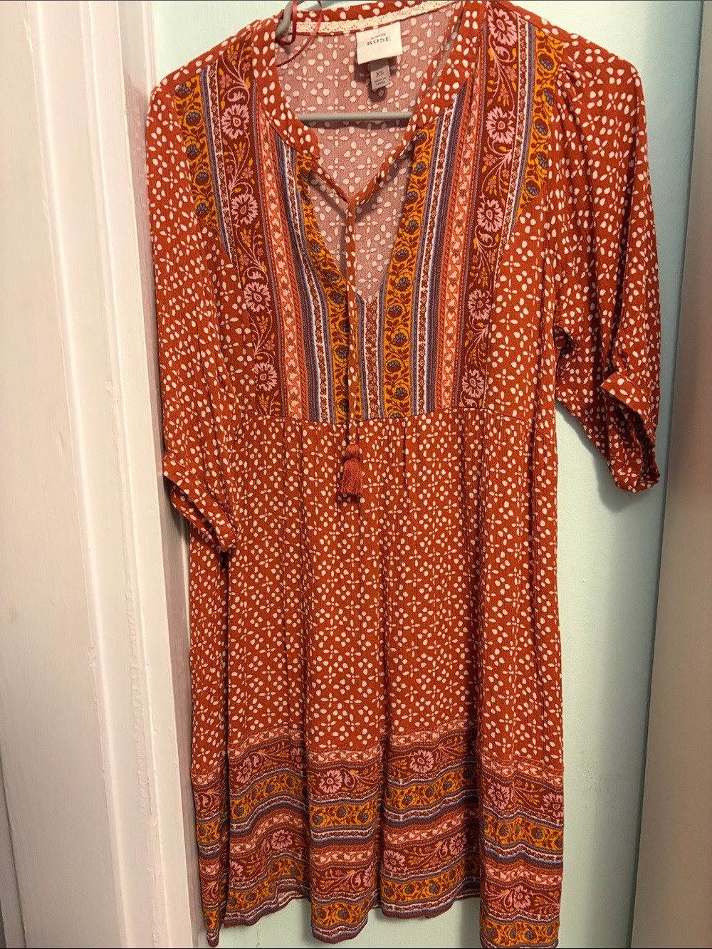Knox Rose Rust Printed Midi Dress with Tassel V-Neck
